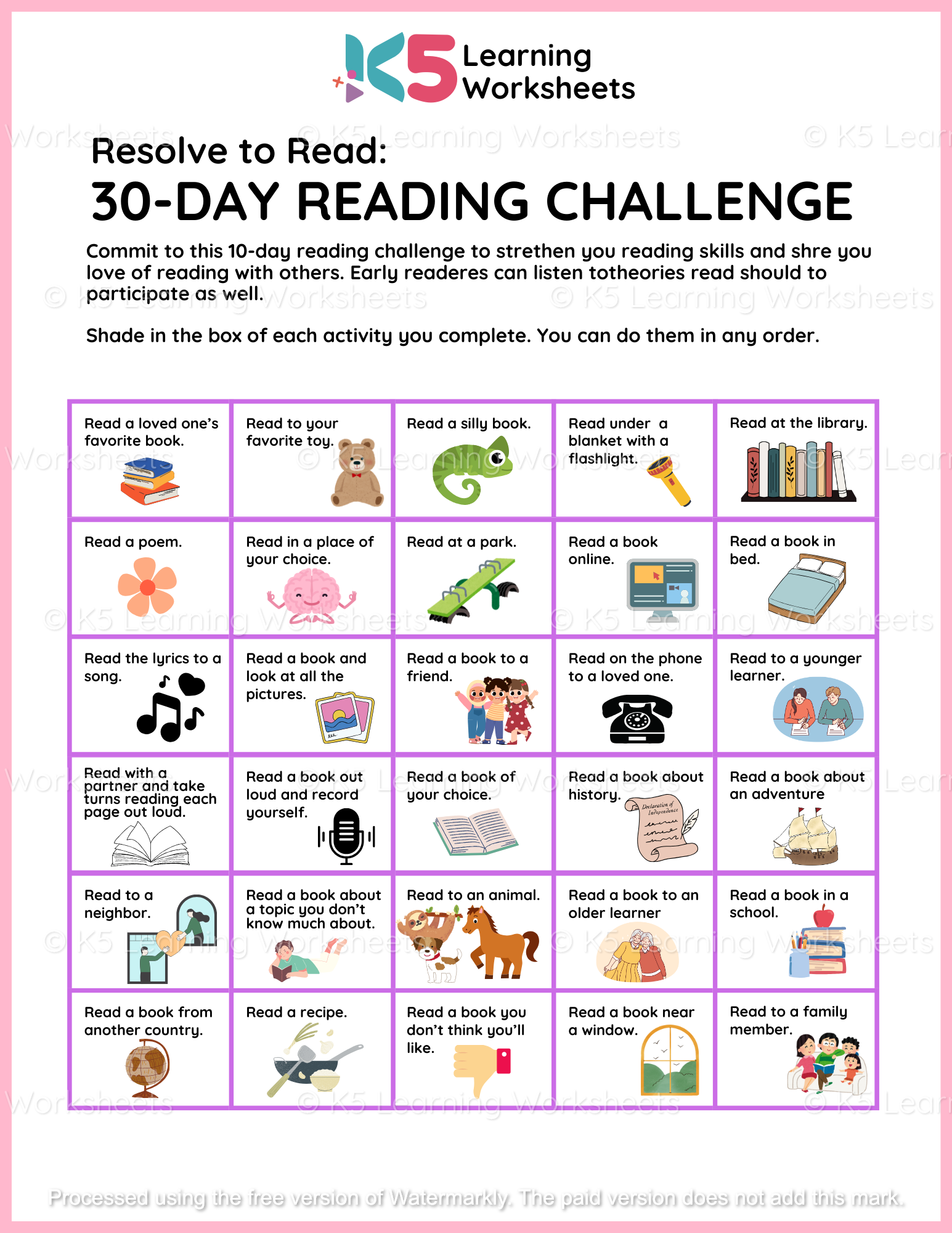 30 Day Reading Challenge – K5 Learning Worksheets - 30 Lays In 30 Days Read Online Free
