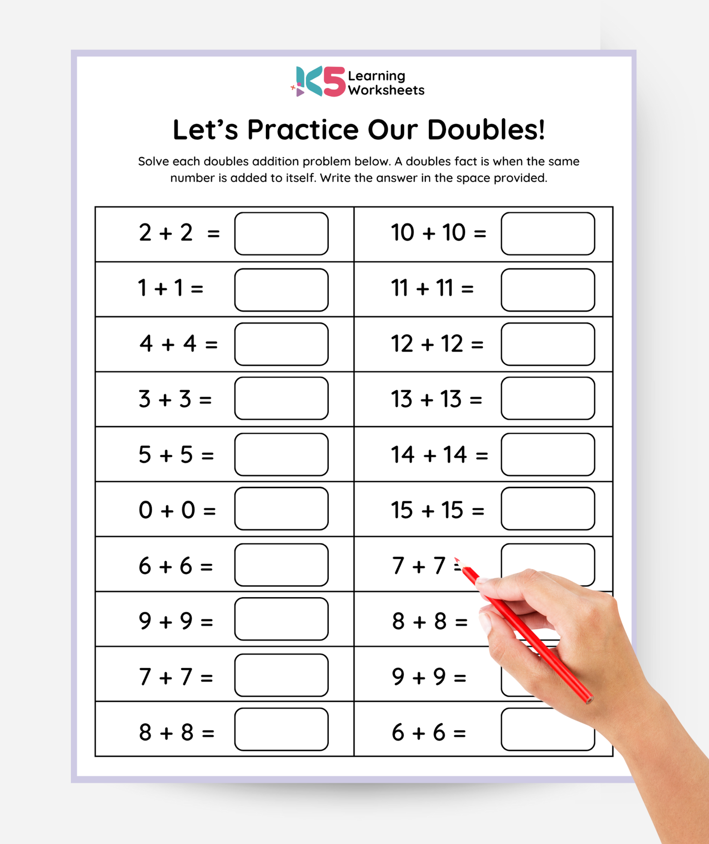 Addition Doubles Practice Worksheets