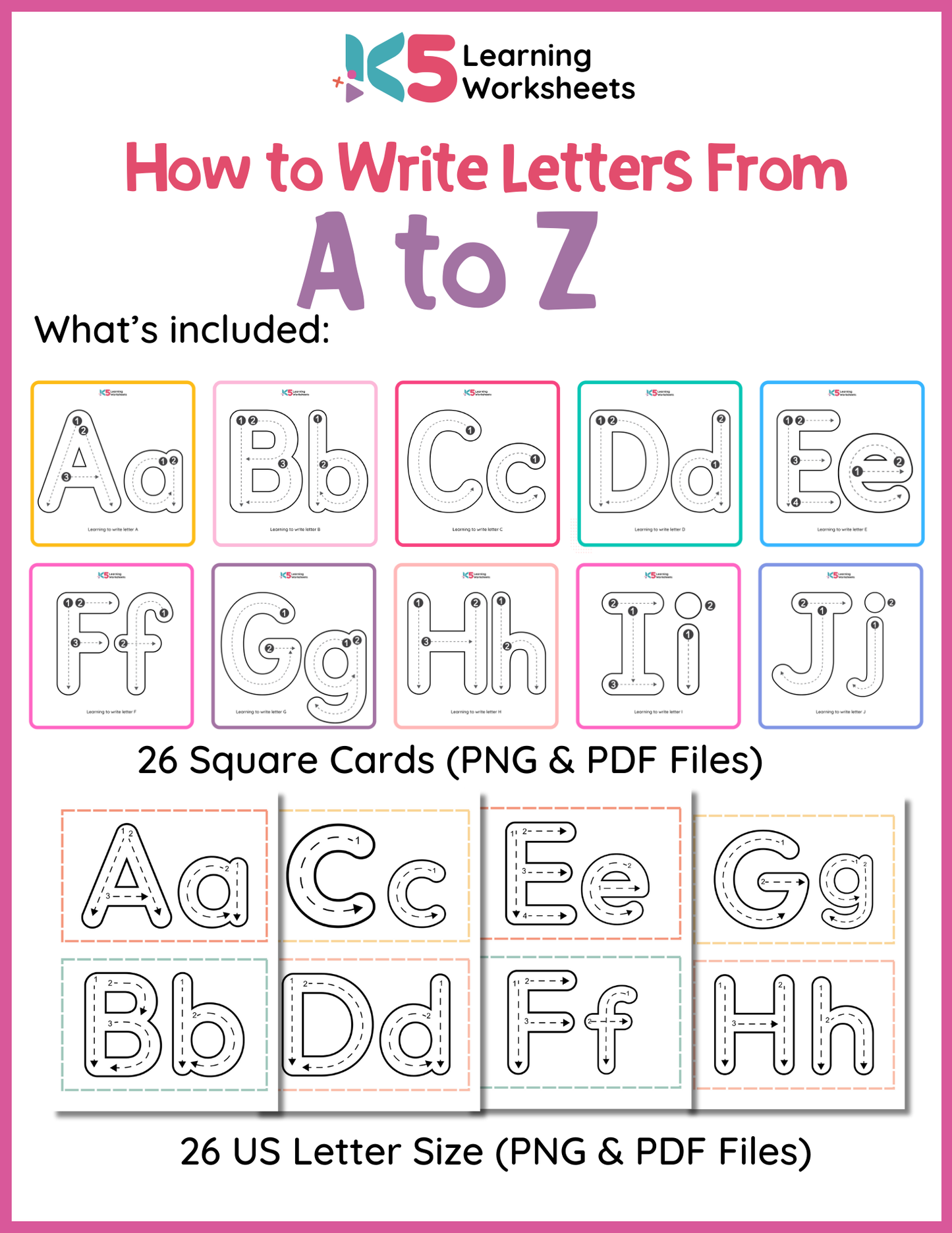 How to Write Letters From A to Z ( 26 Square Cards & US Letter Size)