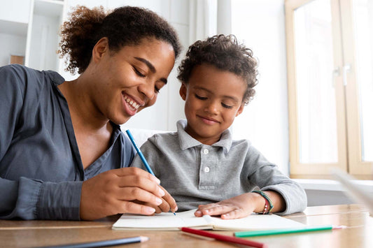 a parent helping his child solve math problems at home