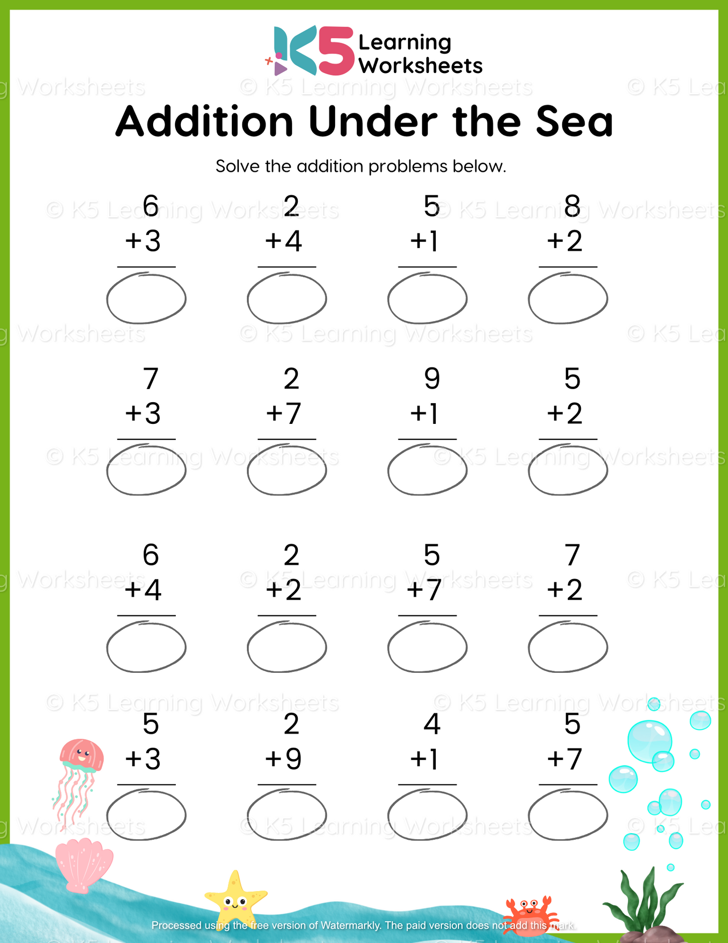 Under The Sea Addition Math Worksheets