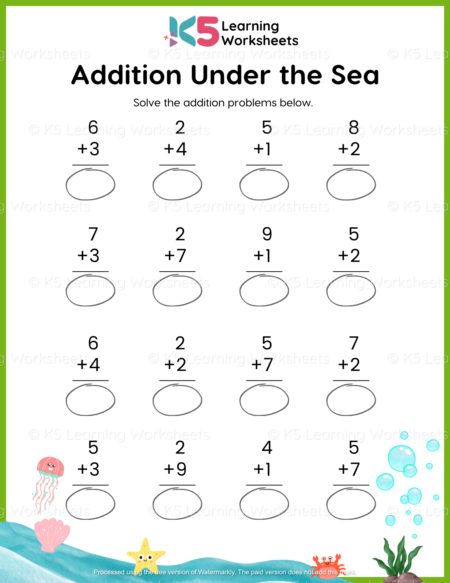 Under The Sea Addition Math Worksheets