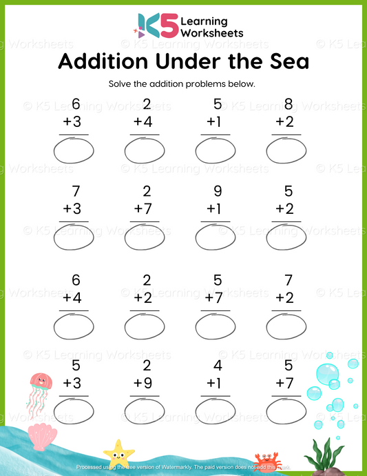 Under The Sea Addition Math Worksheets