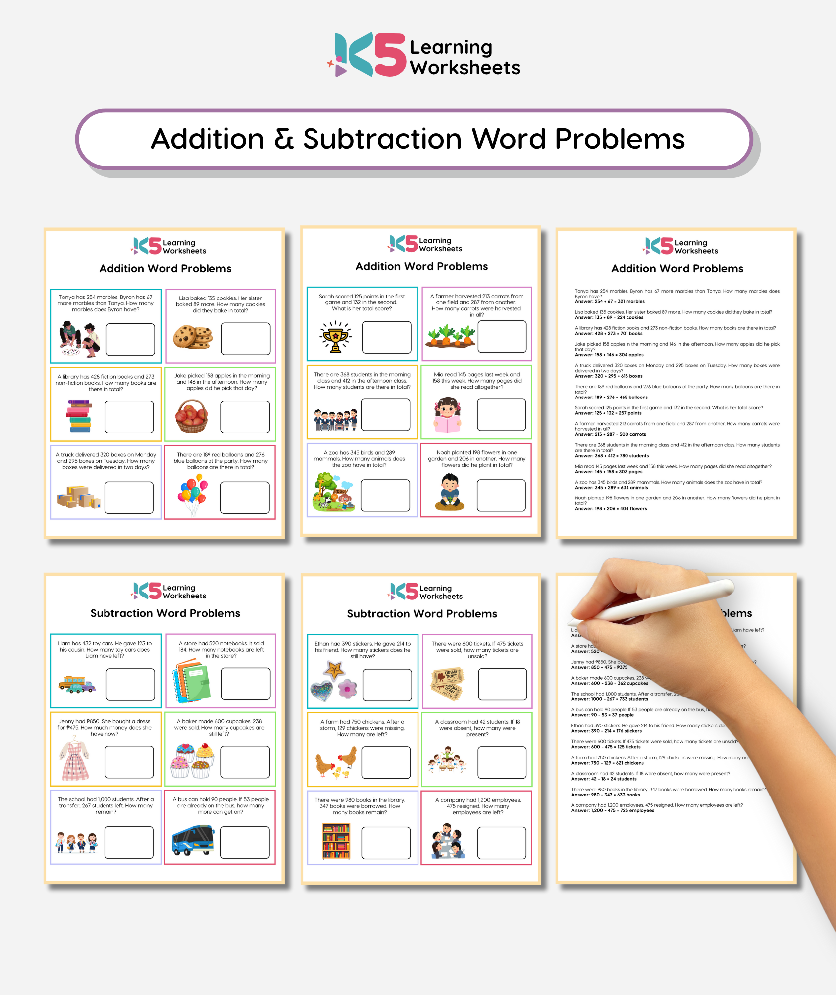 K5 Learning Worksheets for Addition & Subtraction Word Problems with a hand pointing to one of the worksheets.