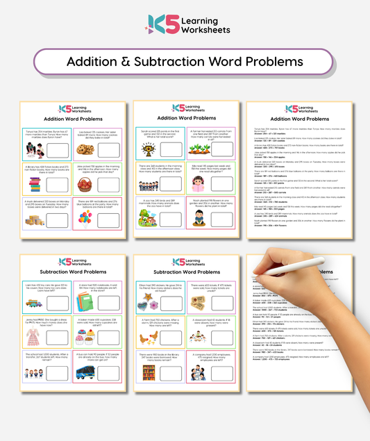 K5 Learning Worksheets for Addition & Subtraction Word Problems with a hand pointing to one of the worksheets.