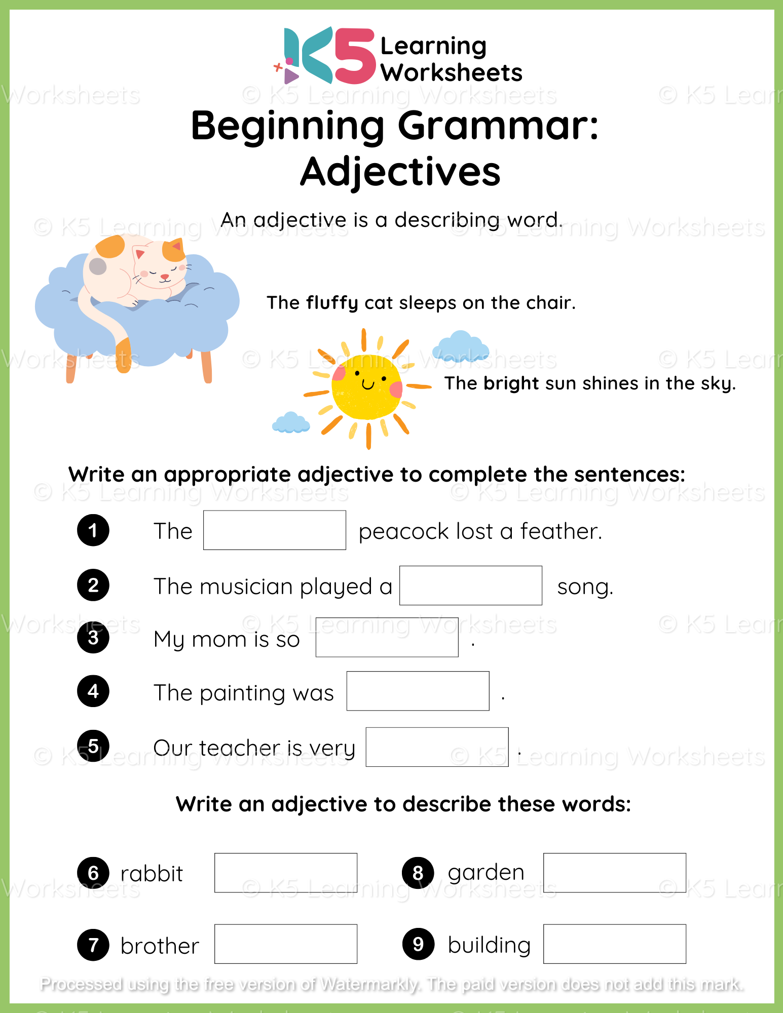 Beginning Grammar: Adjectives Worksheet