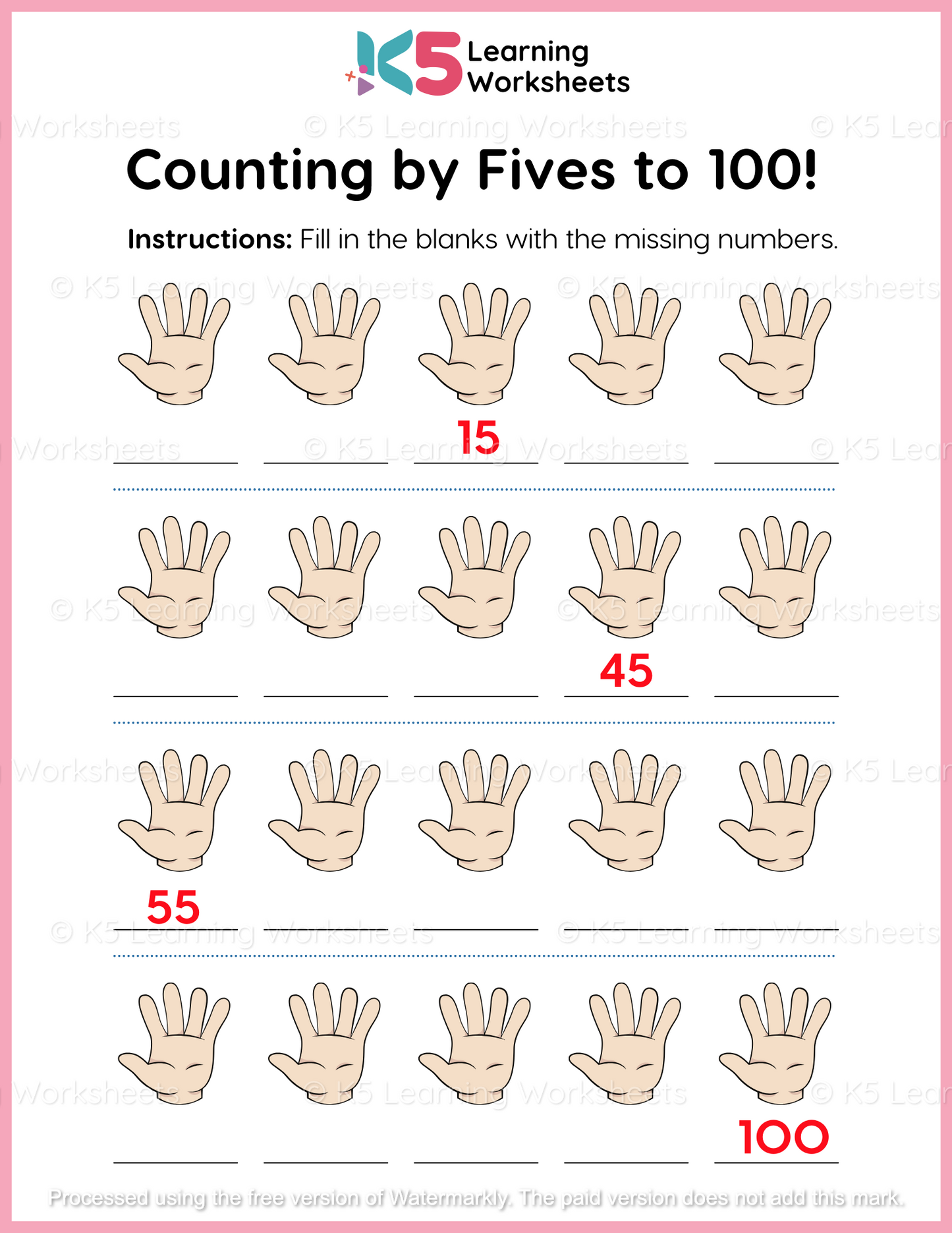 Counting by Fives to 100! Math Worksheet