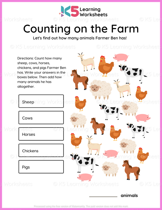 Counting On The Farm Math Worksheet