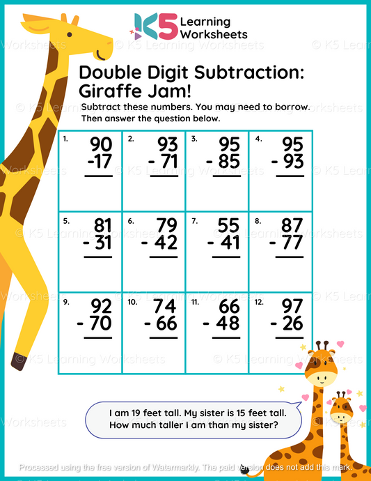 Double Digit Subtraction Giraffe Jam