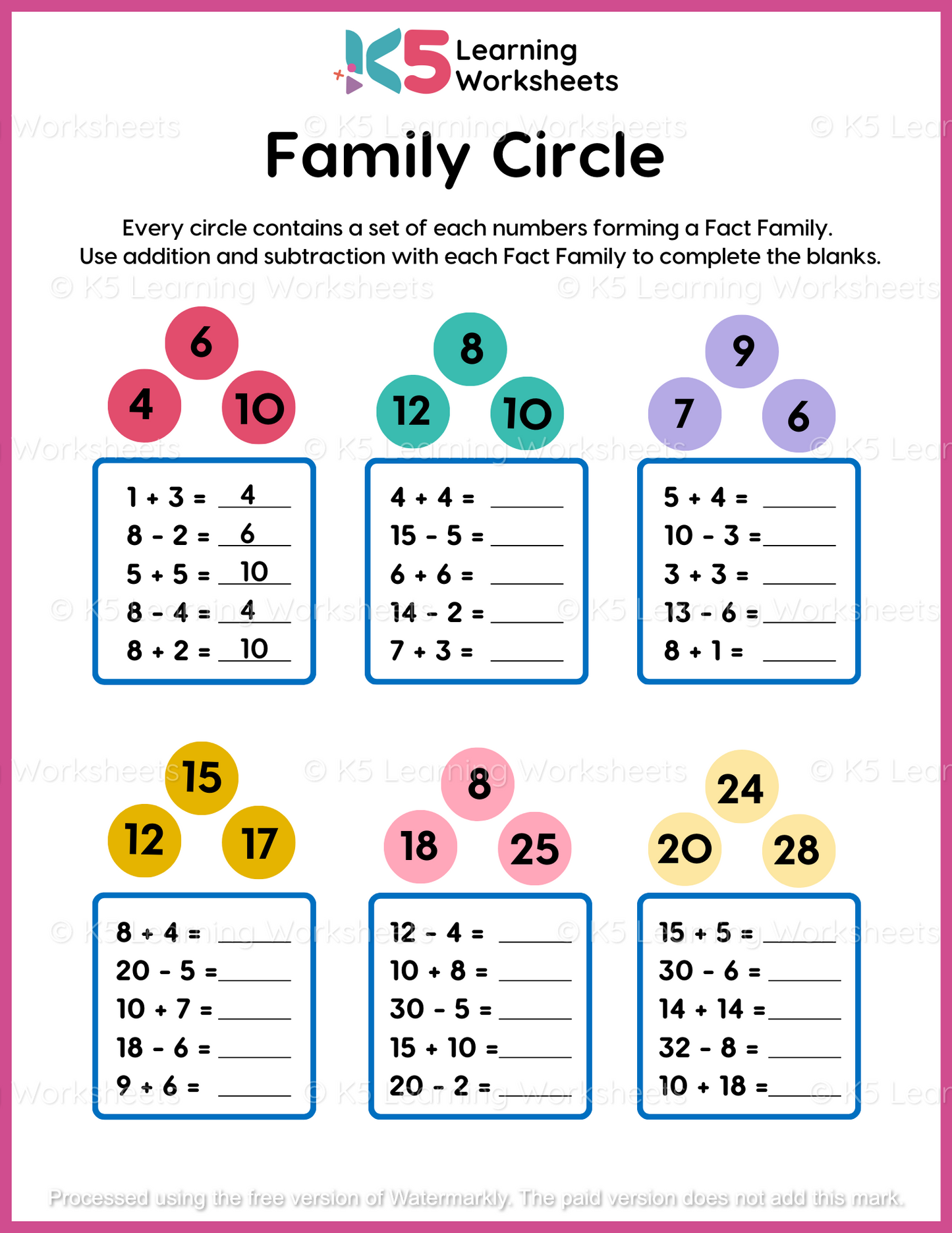 Family Circle – Addition & Subtraction Worksheet