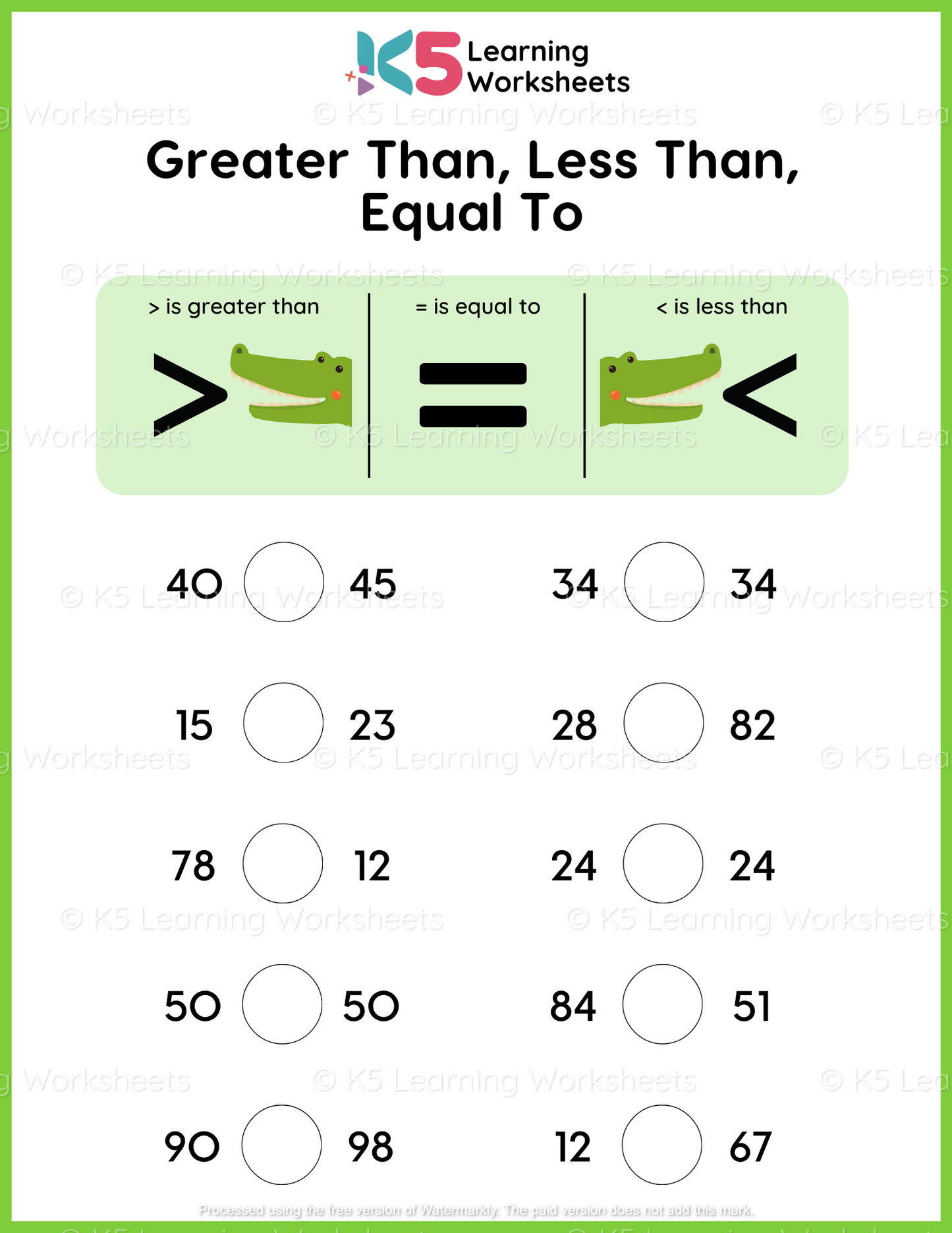 Greater Than, Less Than, Equal To Math Worksheet