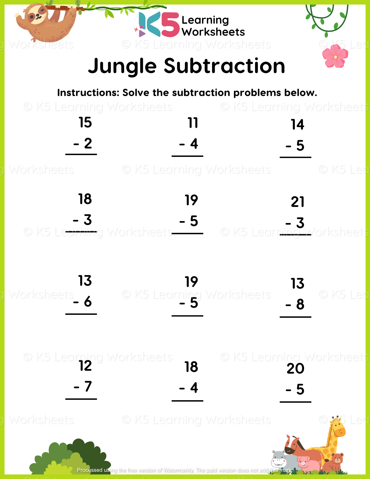 Jungle Subtraction Math Worksheet