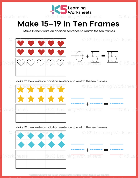 Make 15 to 19 in Ten Frames