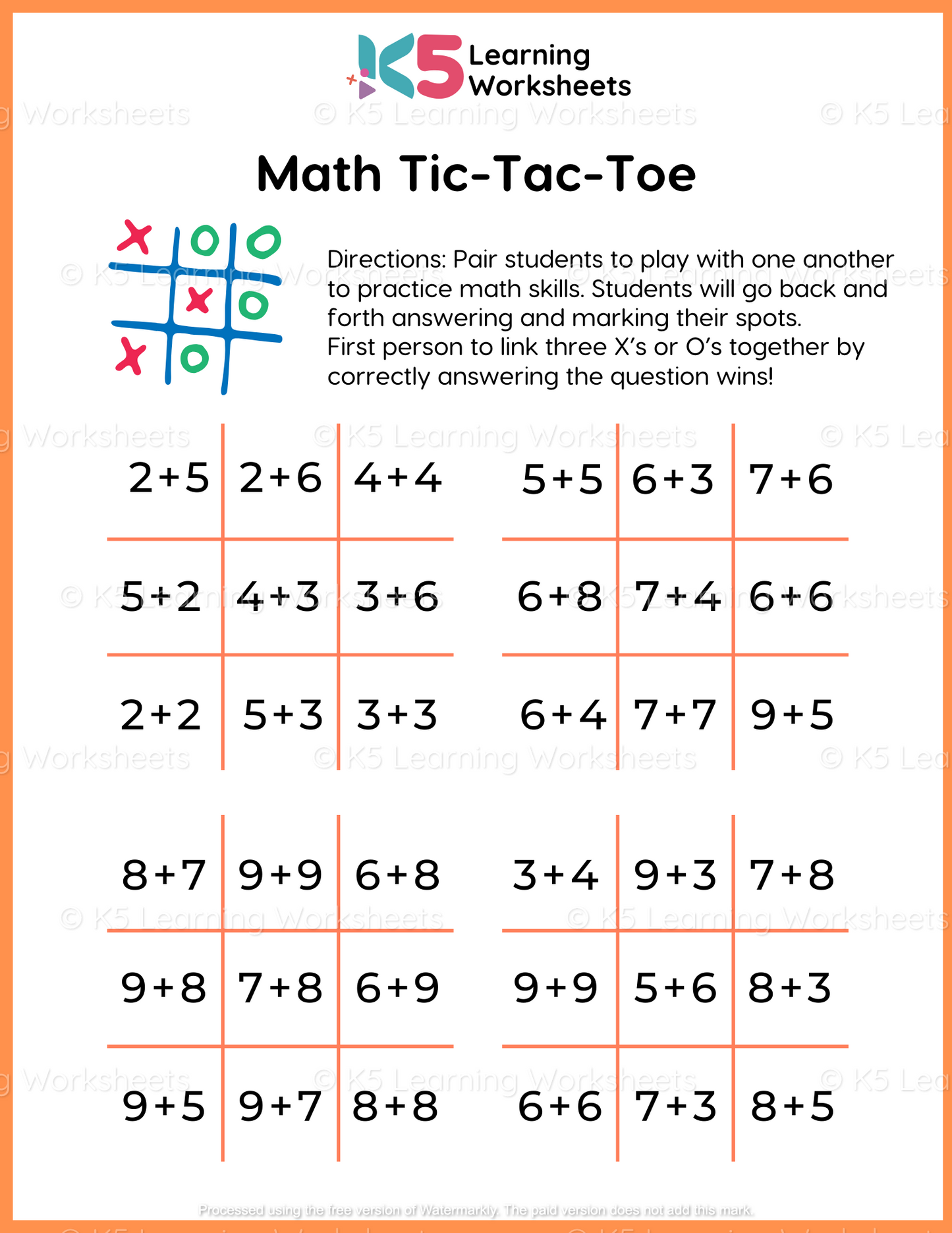 Math Tic Tac Toe Math Worksheet