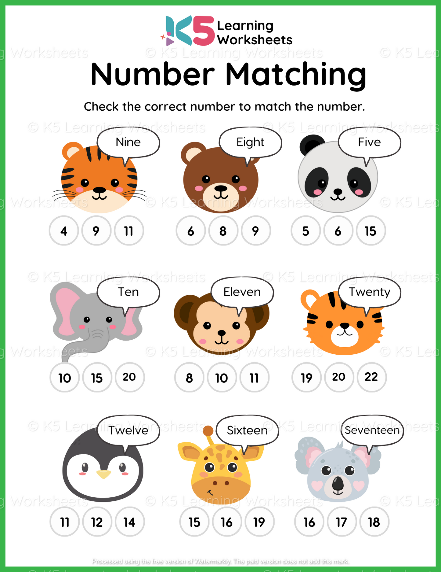 Number Matching Simple Math Worksheet