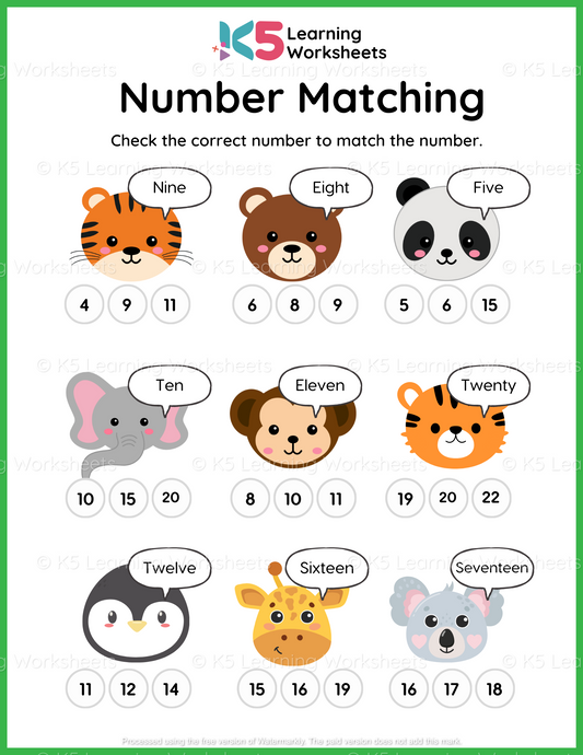 Number Matching Simple Math Worksheet