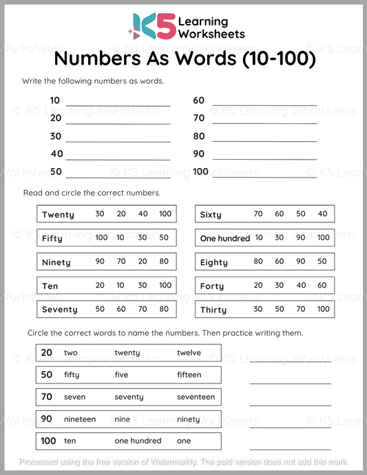 Numbers As Words (10-100)