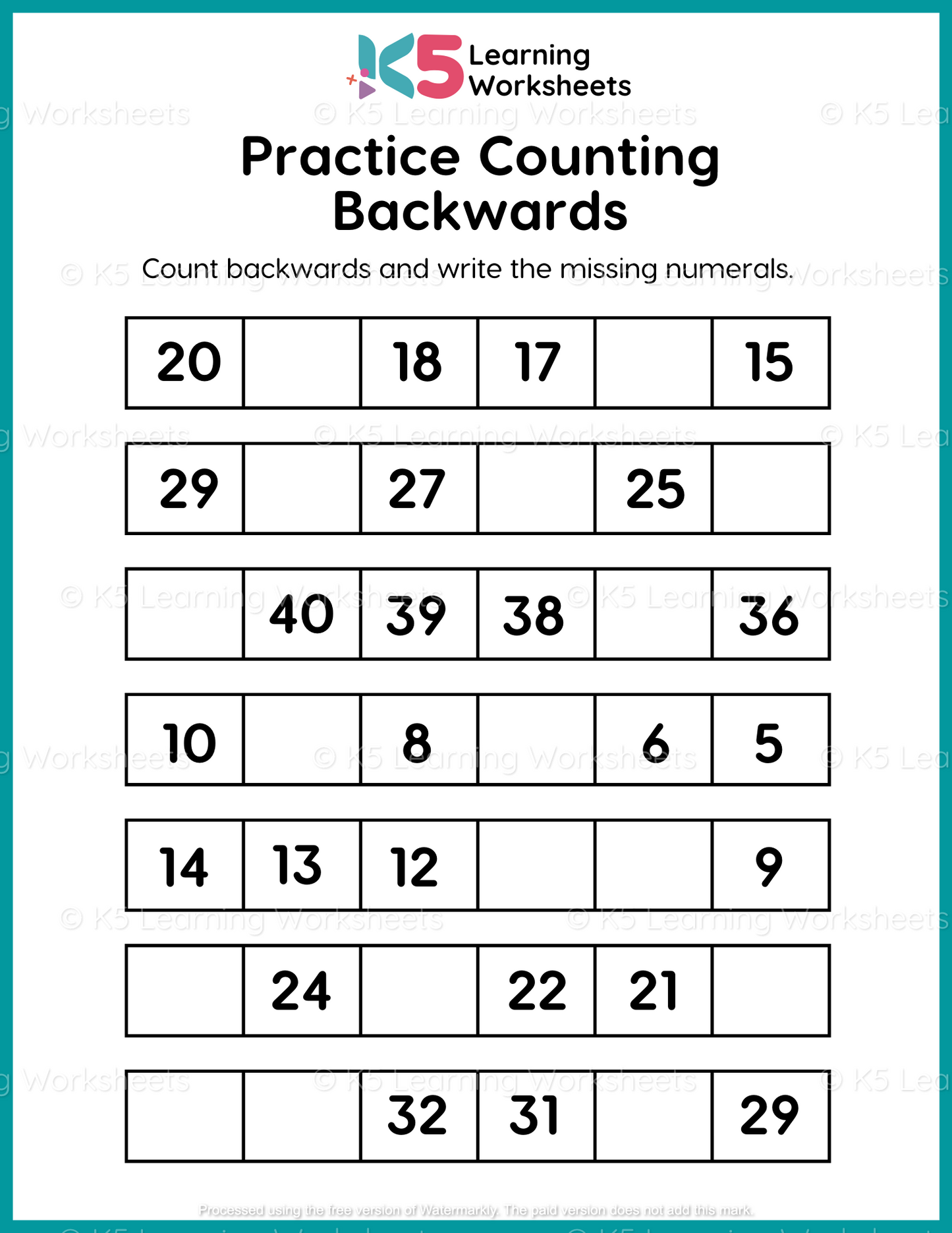 Practice Counting Backwards Math Worksheet