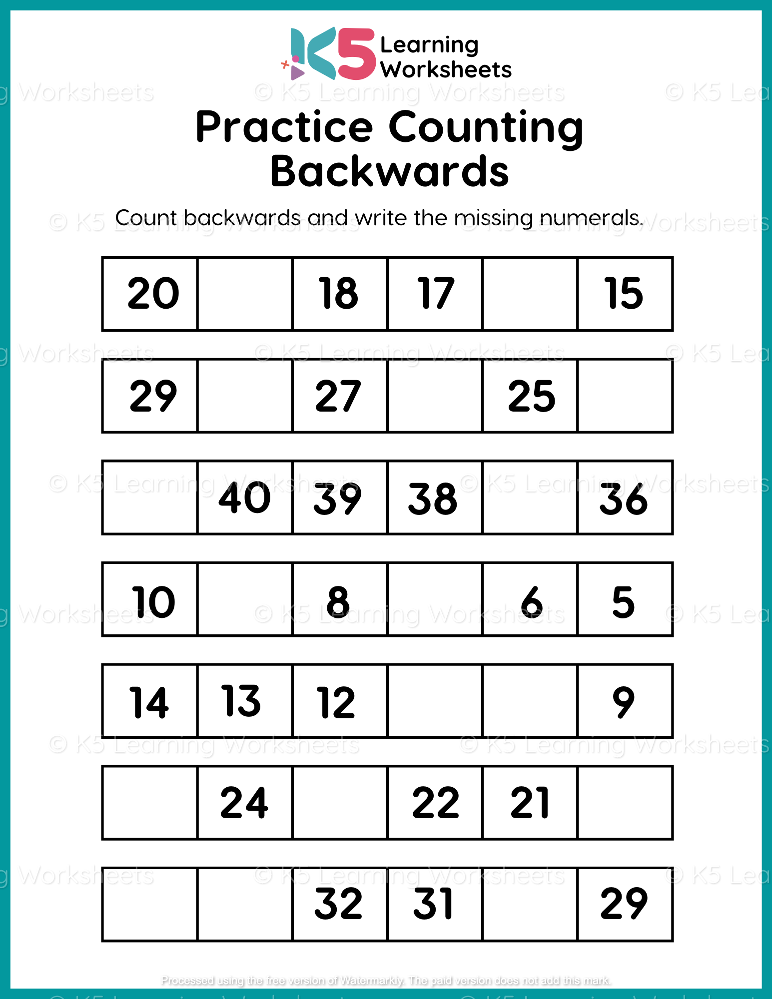 Practice Counting Backwards Math Worksheet