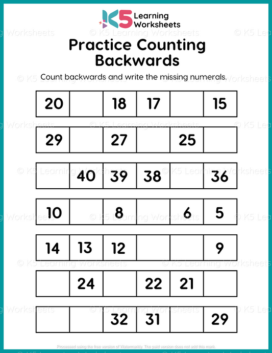 Practice Counting Backwards Math Worksheet