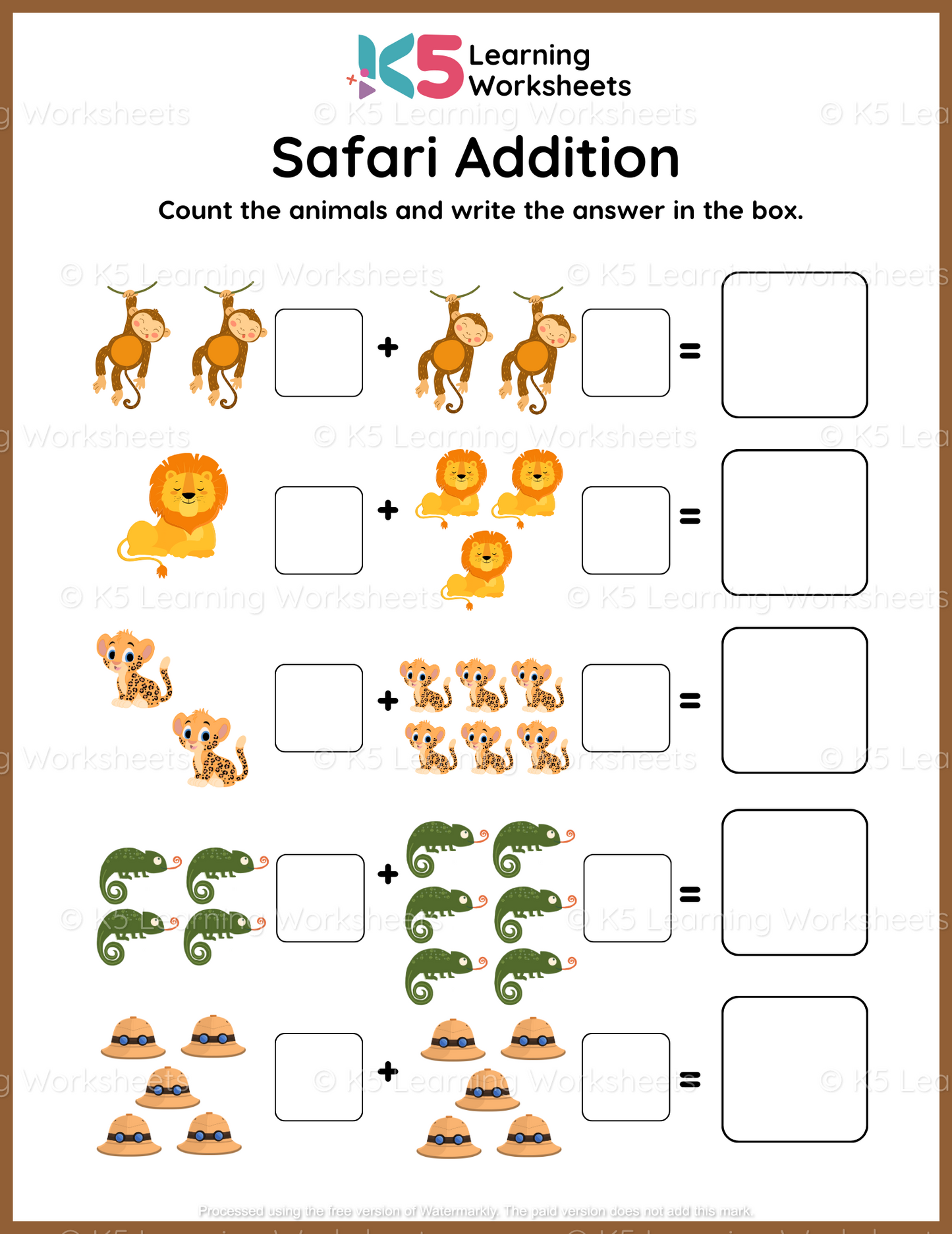 Safari Addition Math Worksheet