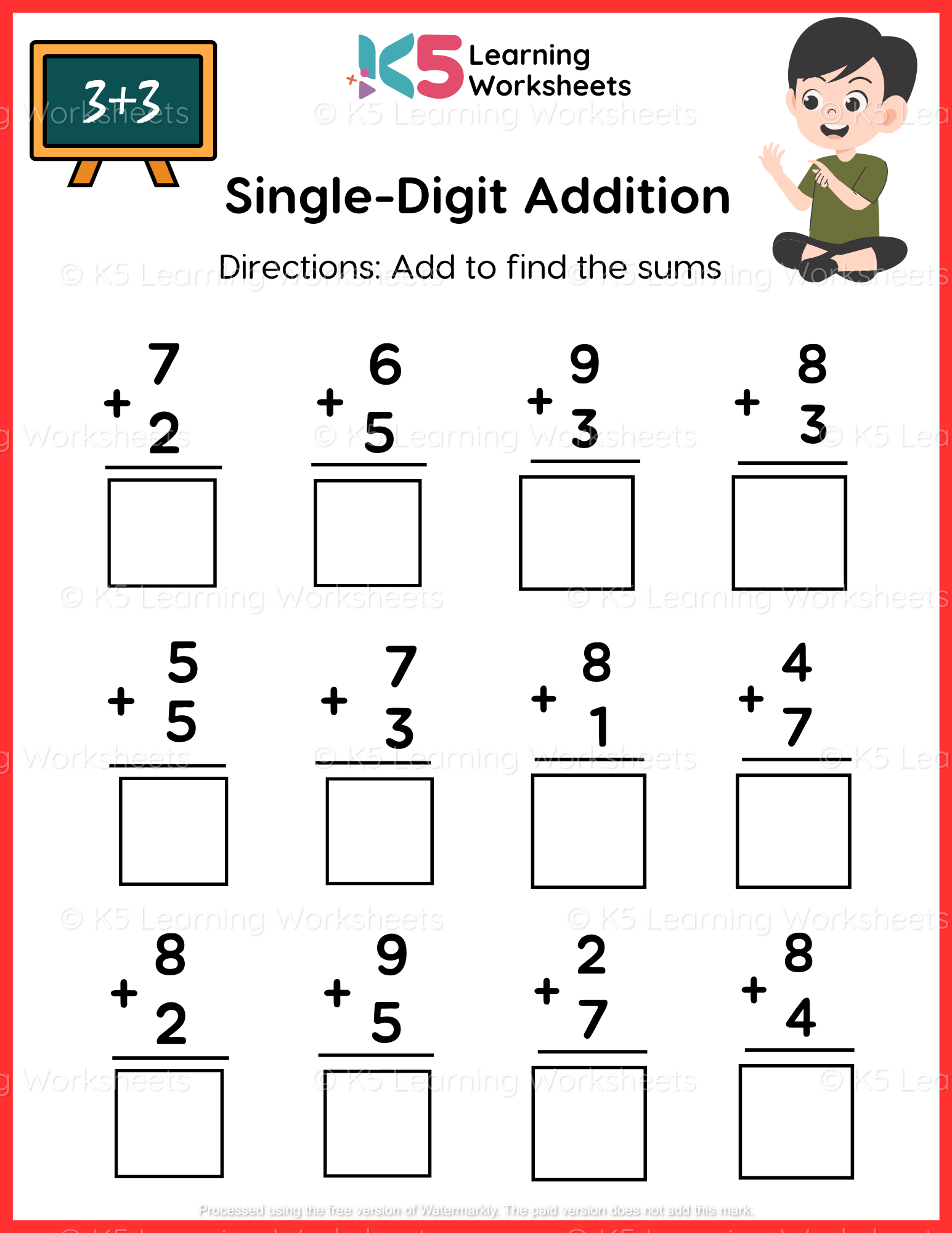 Simple Single Digit Addition Math Worksheet