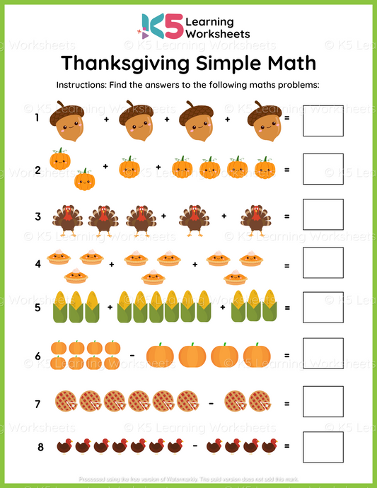 Thanksgiving Simple Math Worksheet